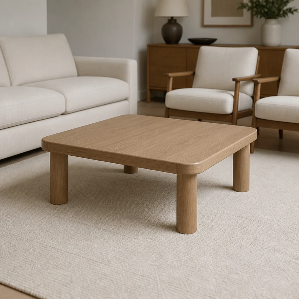 square table with gently rounded corners on a plain wool rug