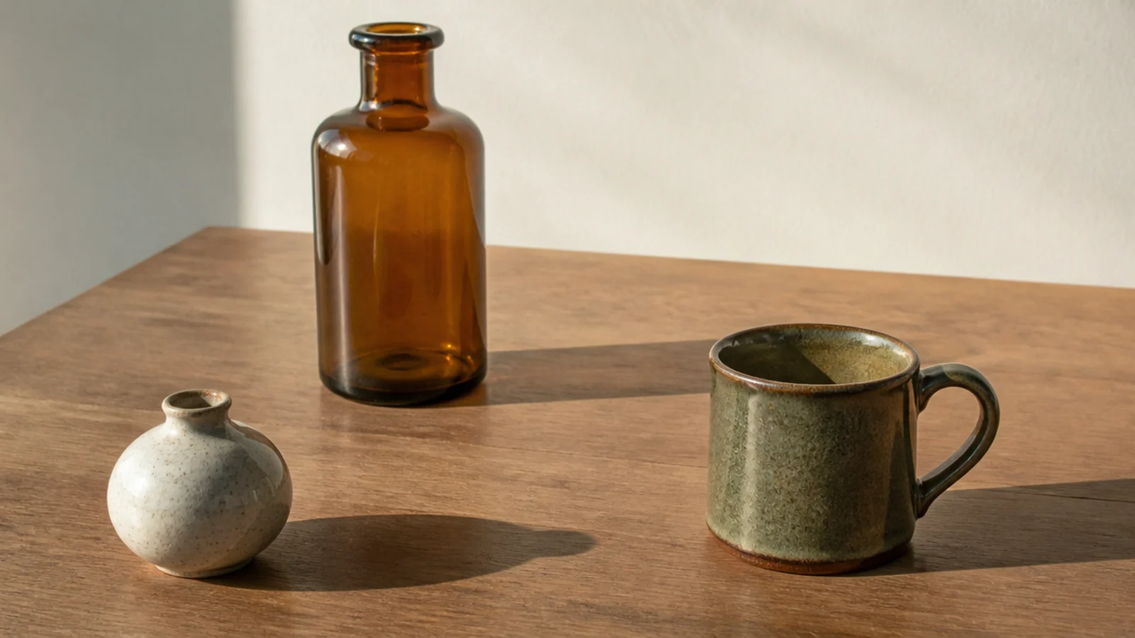 three low objects grouped as a triangle on a plain table surface
