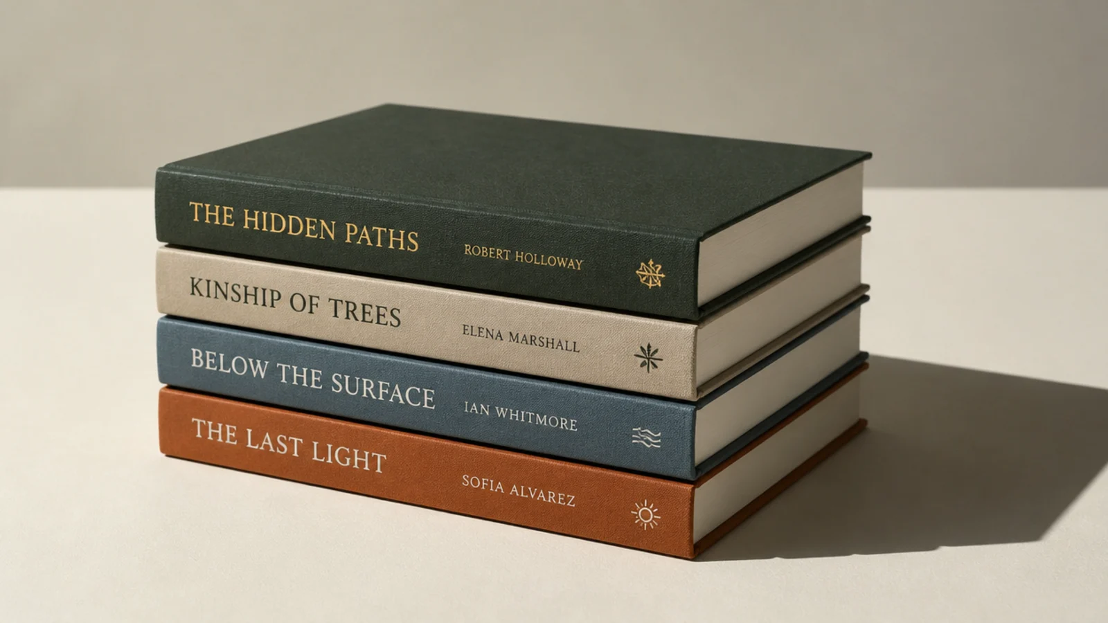 neat stack of four books squared up on an empty table top