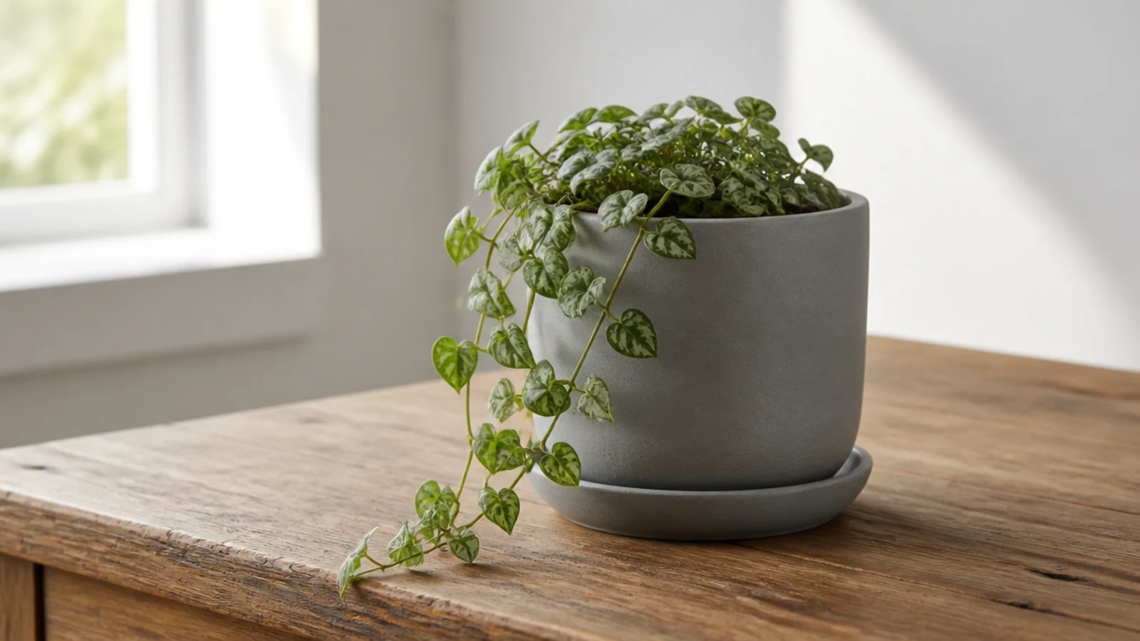single small potted plant standing alone on a bare table top