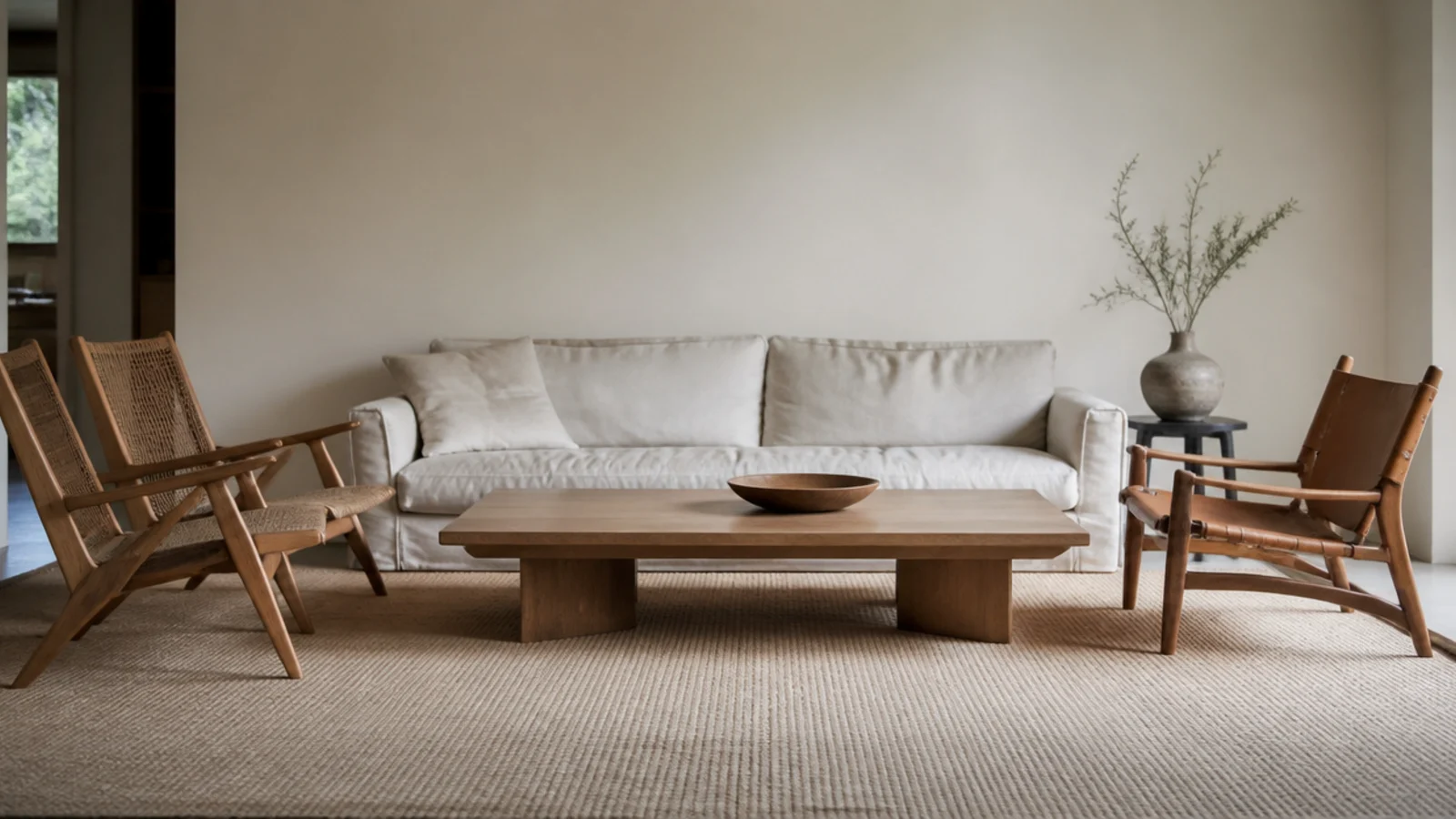 undyed flat weave rug running plain beneath a simple low table
