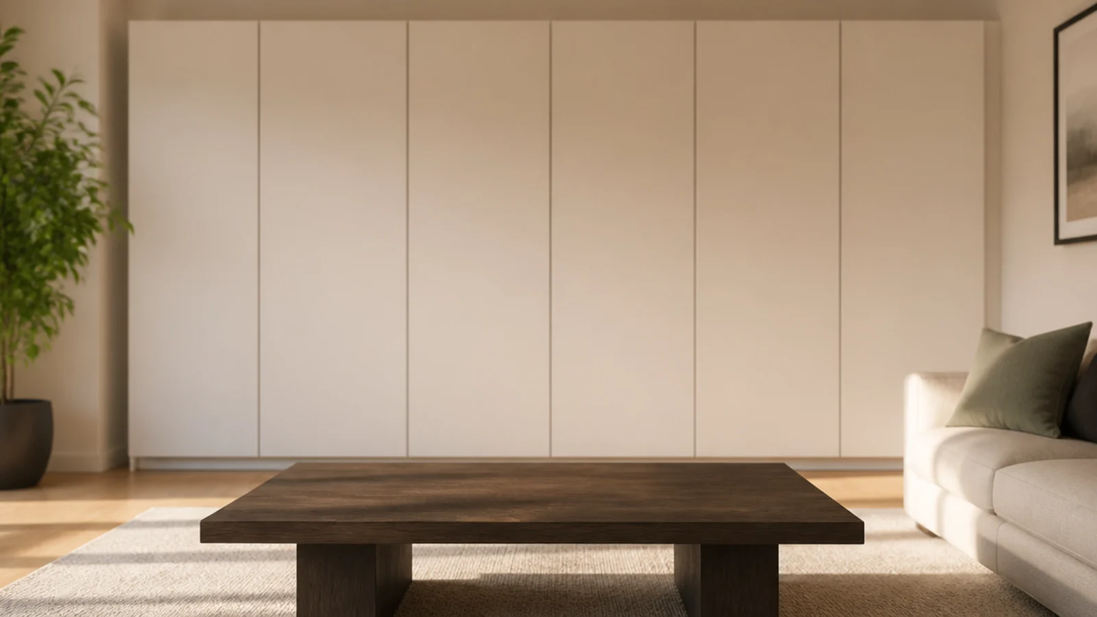 closed cupboards along a wall keeping the low table entirely clear