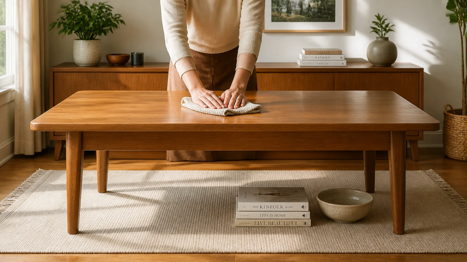 hands wiping a cleared table top with everything set aside