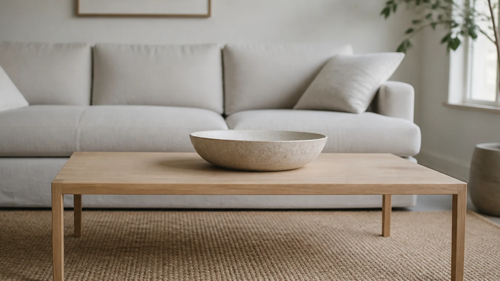 simple center table in a living room with a bare top and one bowl