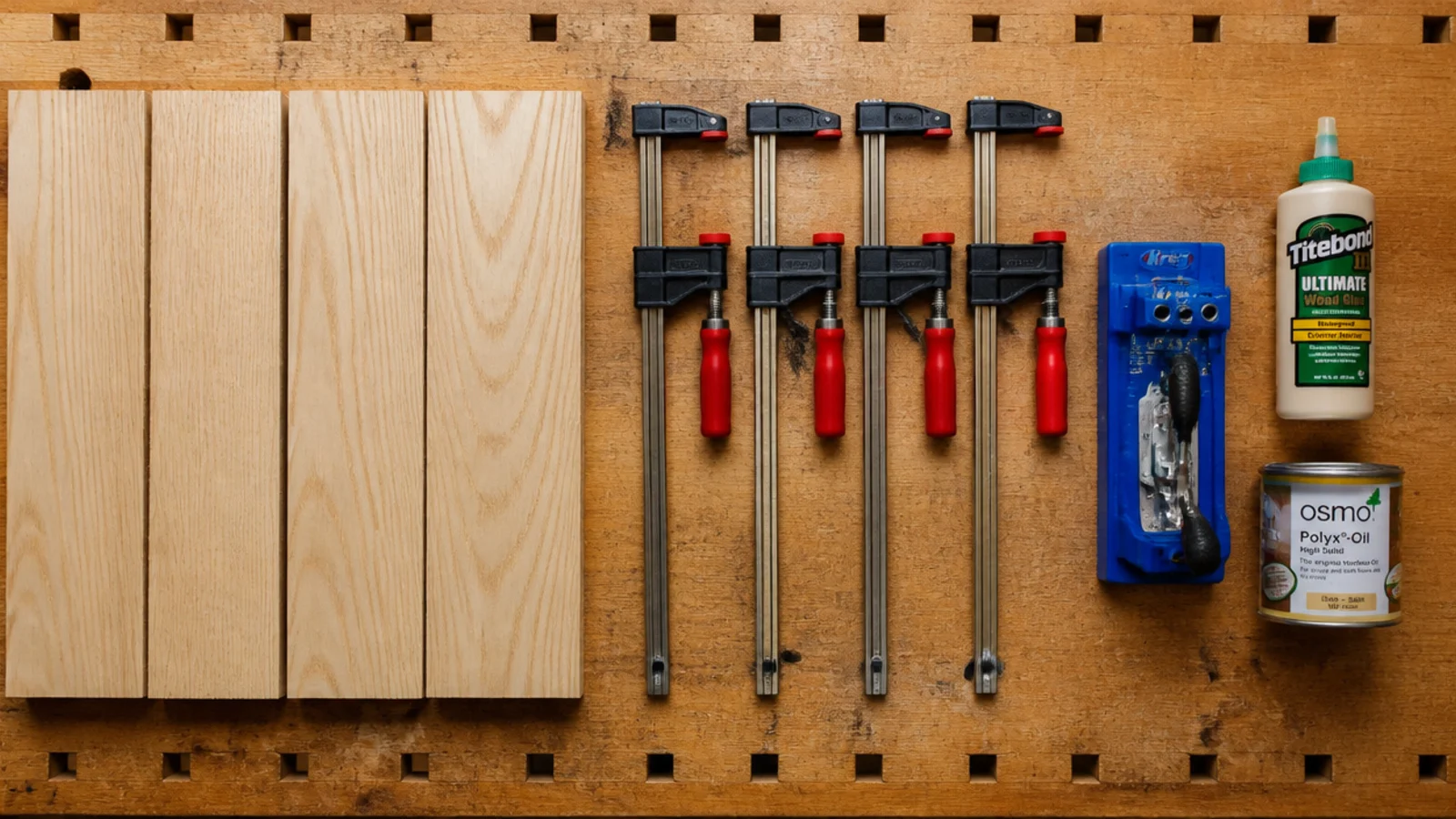 timber boards clamps pocket hole jig and glue laid out on a bench