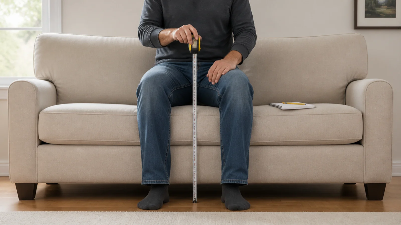 tape measure reading the compressed cushion height of a sofa seat