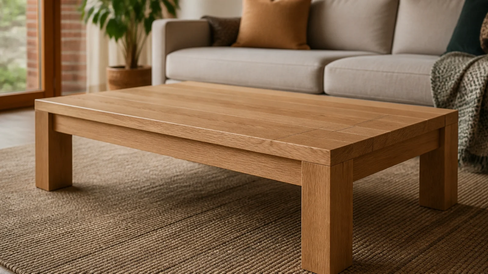 finished wooden center table in a living room with an oiled oak top