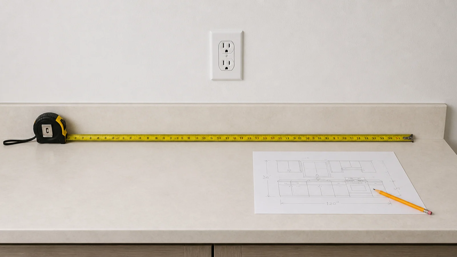 outlet and counter measured out before an apartment coffee bar is built