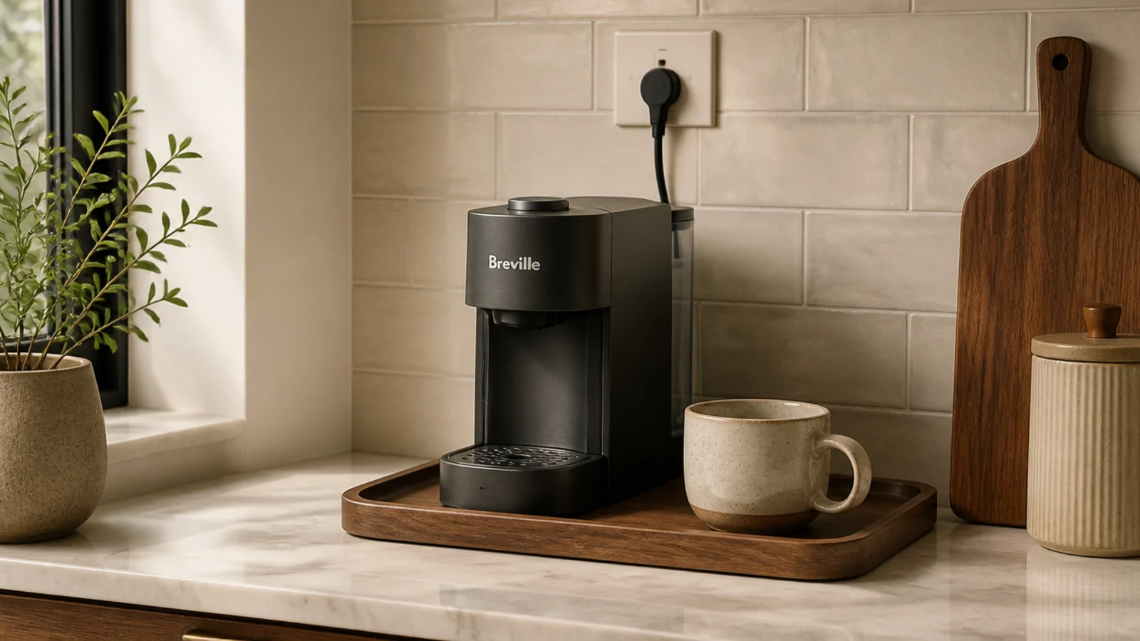 coffee machine positioned directly beside a kitchen wall outlet