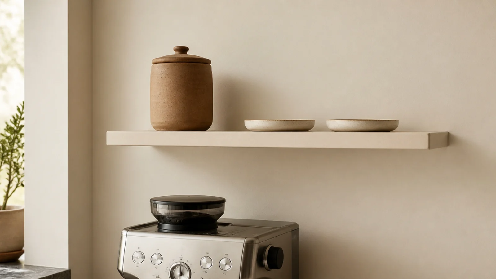 shelf painted the same cream as the wall above a coffee station