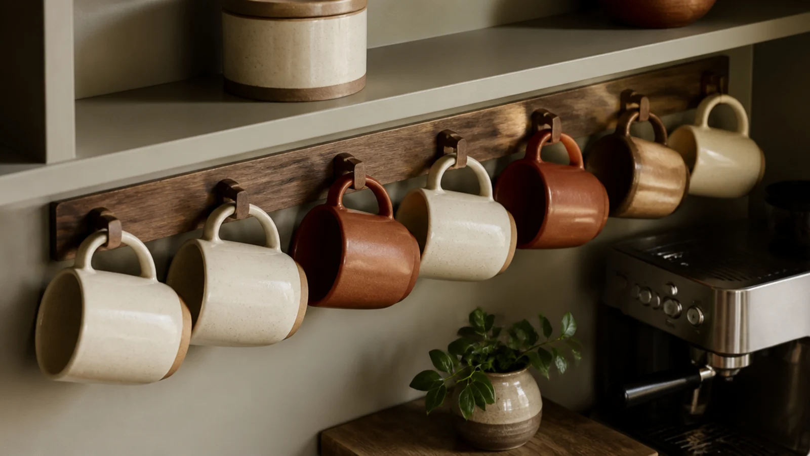 walnut peg rail beneath a shelf carrying six hanging coffee mugs