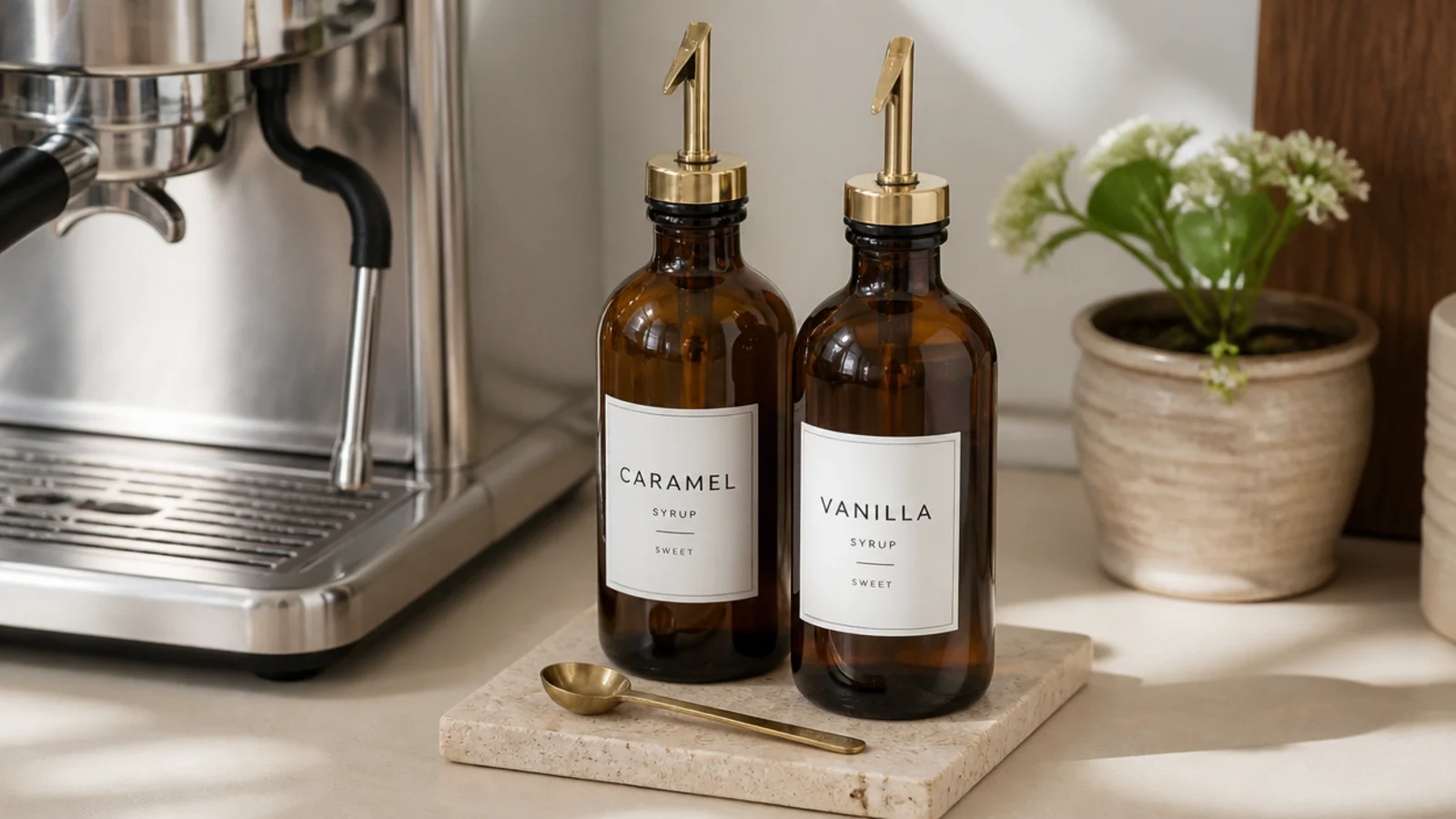 two syrup bottles standing on a small stone coaster by a coffee bar