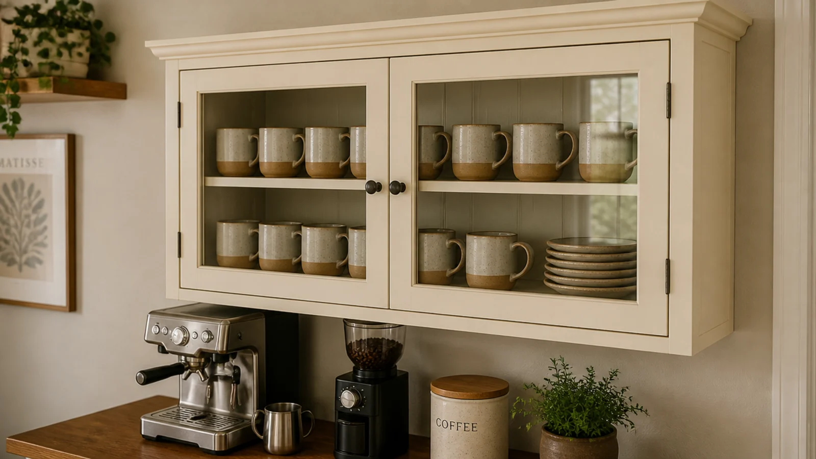 glass fronted cabinet displaying matching mugs above a coffee counter