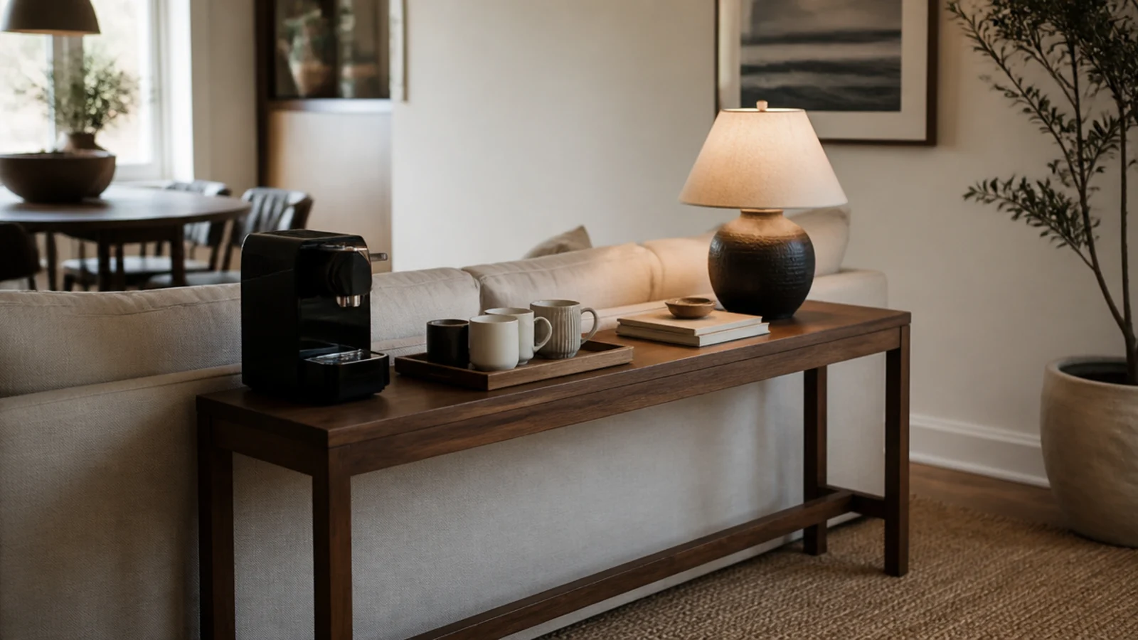 narrow console behind a sofa styled as an open plan coffee bar