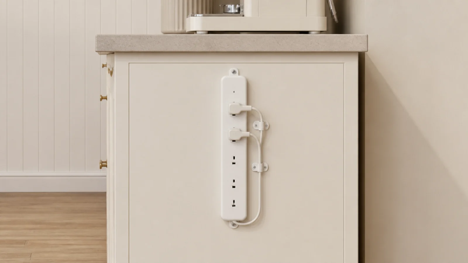 low profile plug strip mounted on a cabinet side beside a coffee bar