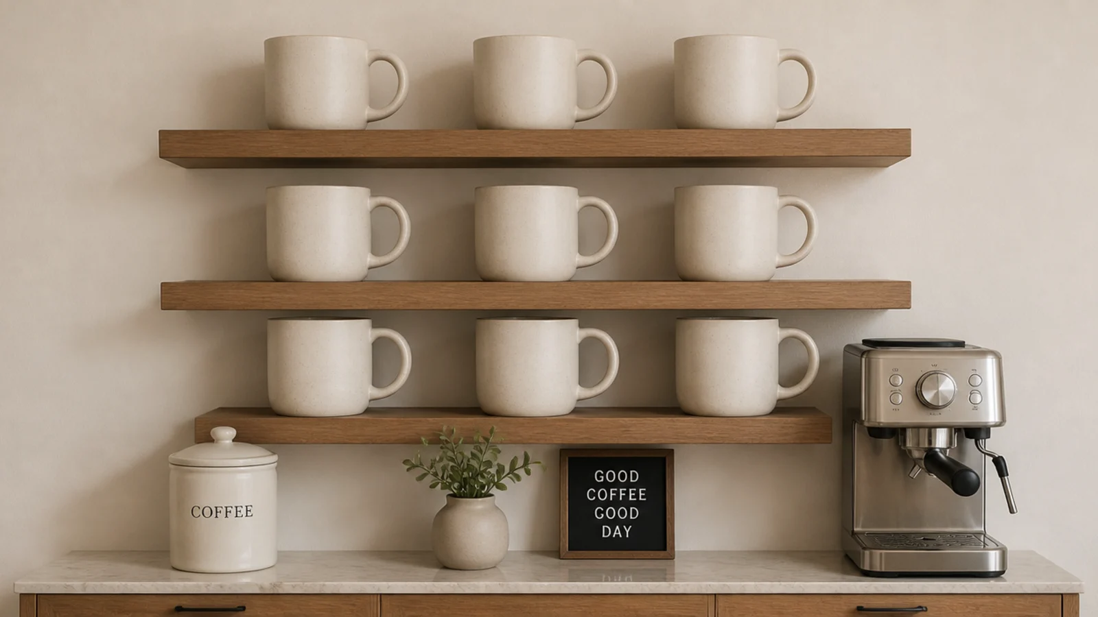 nine mugs arranged in a neat grid on shelves above a coffee bar
