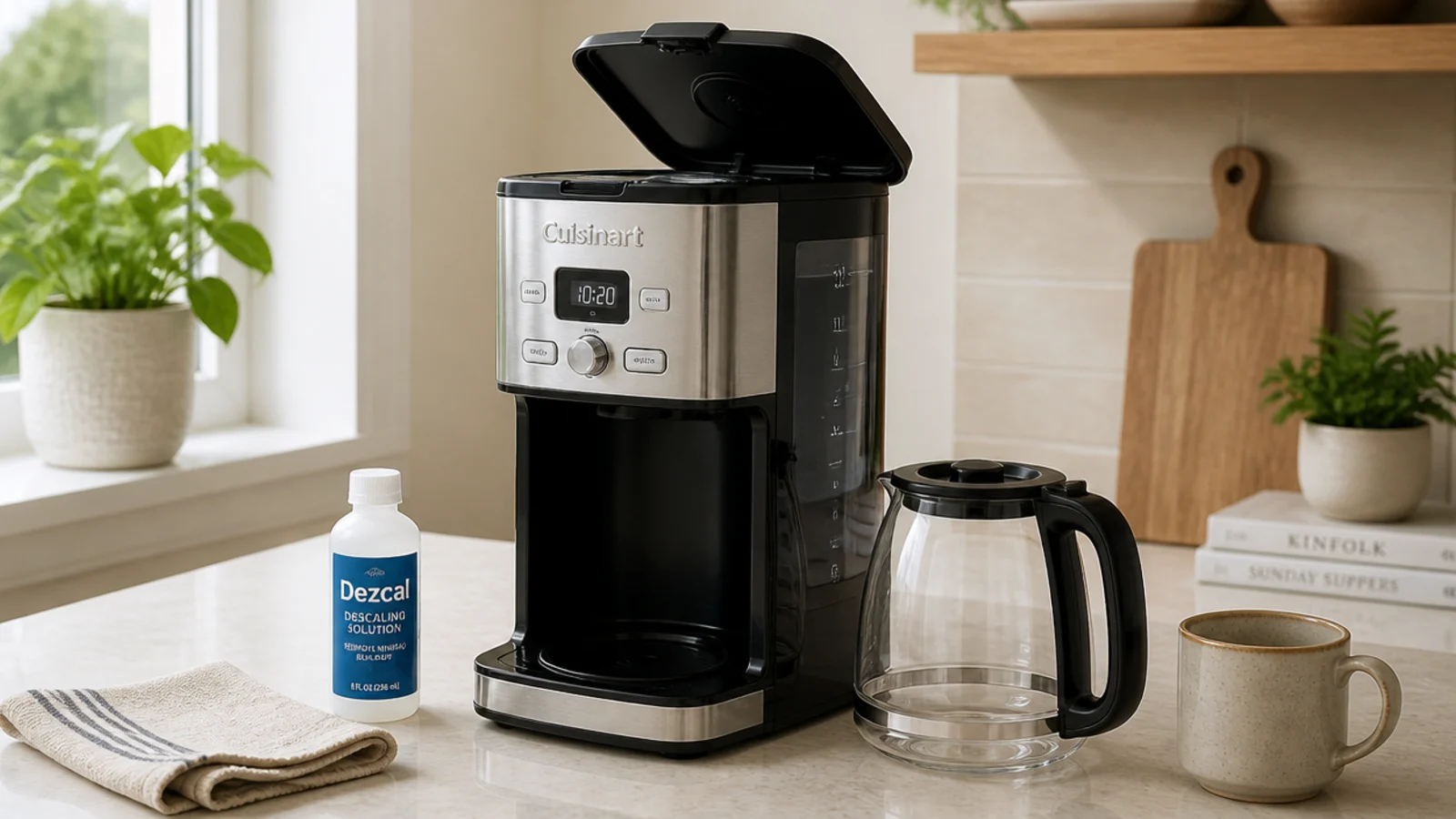descaling bottle and empty carafe set out beside a coffee machine