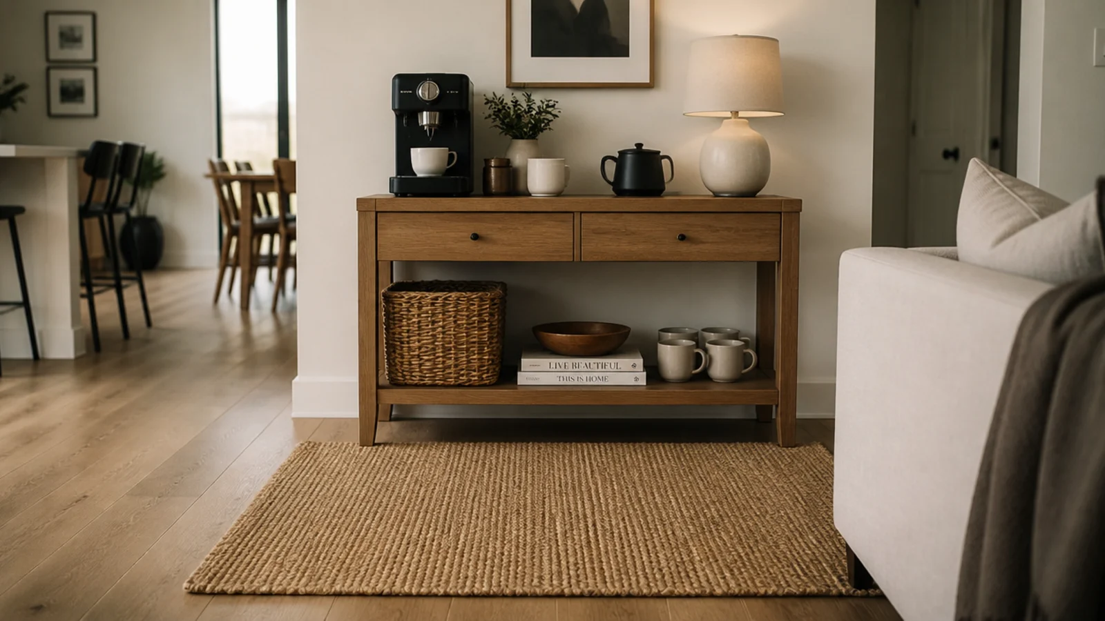 small jute rug marking out a coffee bar zone in an open apartment