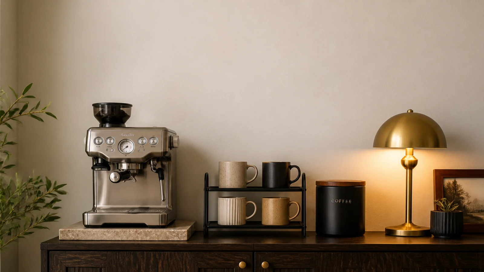 vertical apartment coffee bar with riser mugs canister and warm lamp