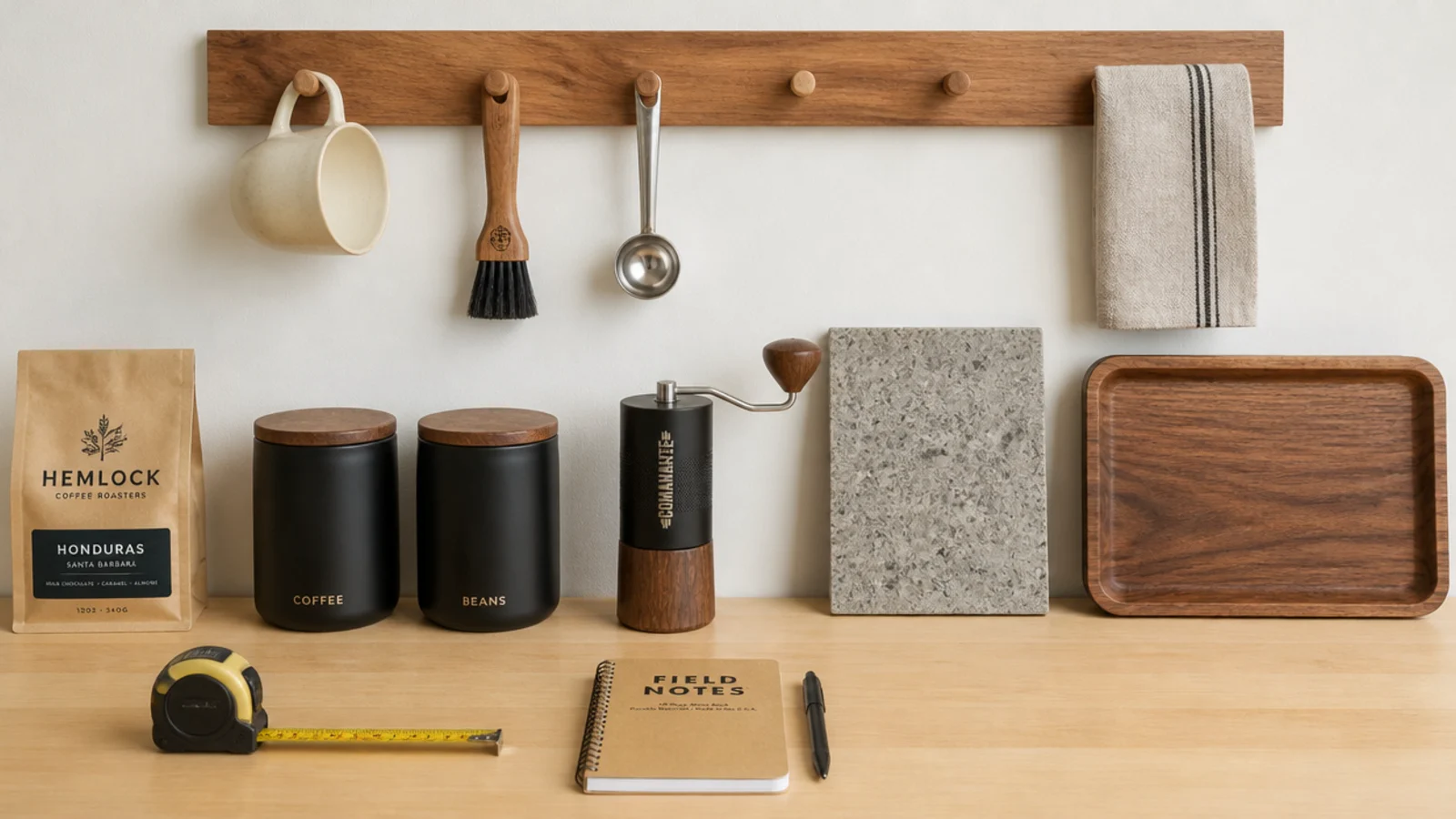 coffee accessories laid out for comparison beside a tape measure