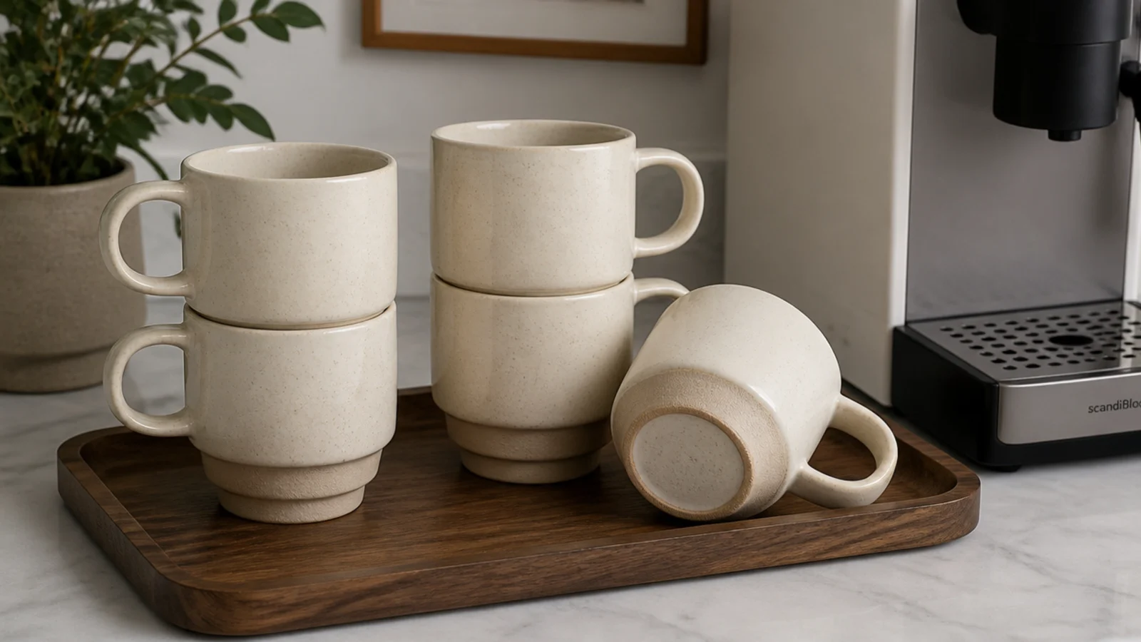 matching stepped stoneware mugs stacked beside a small coffee machine