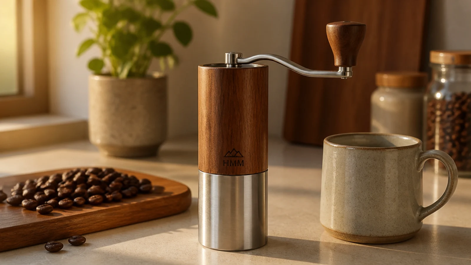 walnut and steel hand burr grinder beside whole beans and a mug