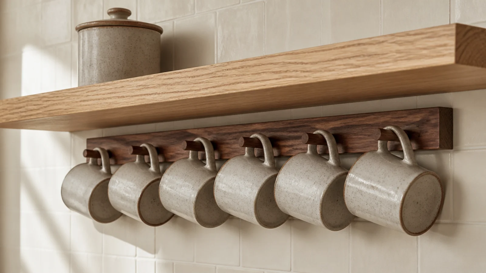 walnut peg rail under a shelf holding six mugs above a counter