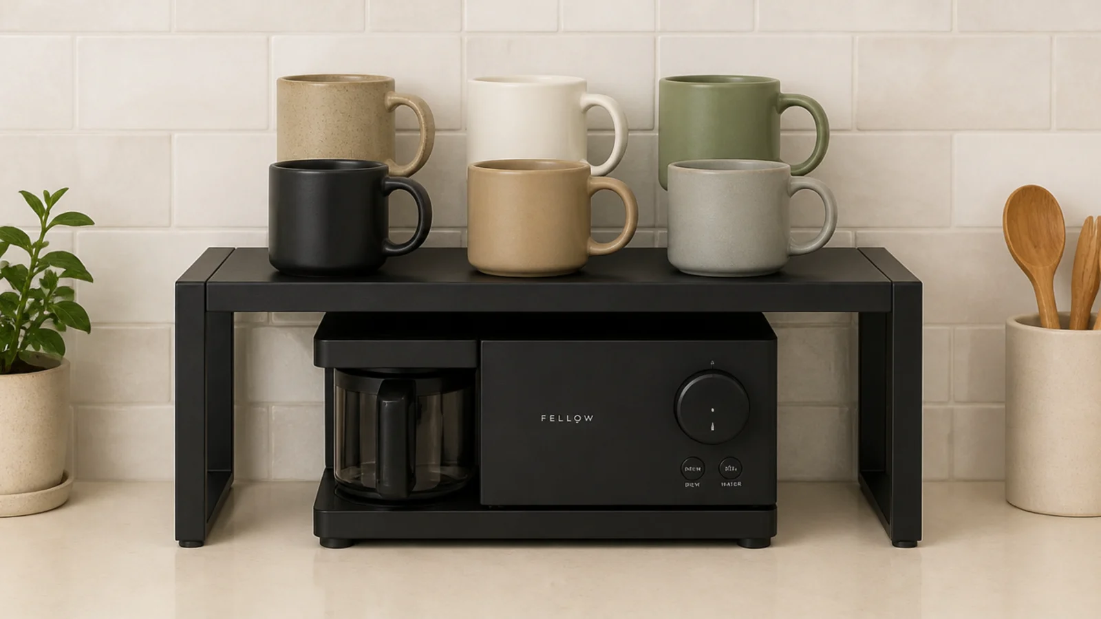 matte black steel riser lifting mugs above a compact coffee machine