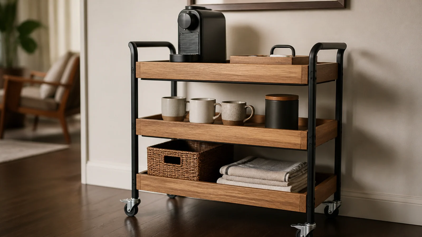 three tier rolling cart set up as a complete home coffee station