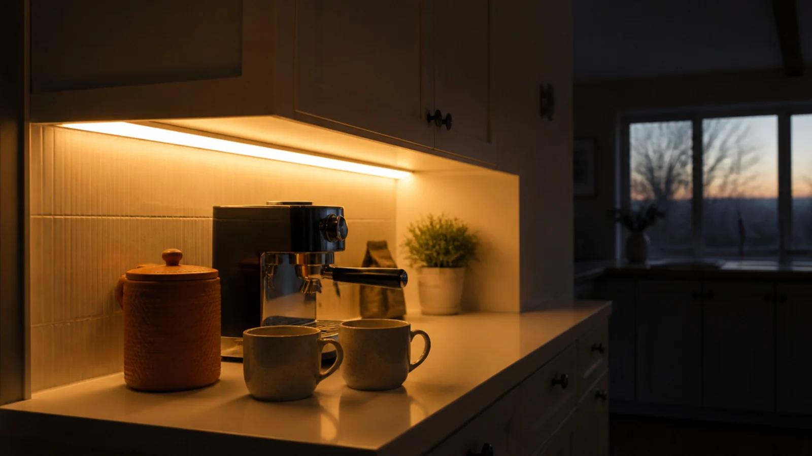 warm strip light under a cabinet lighting a small coffee station
