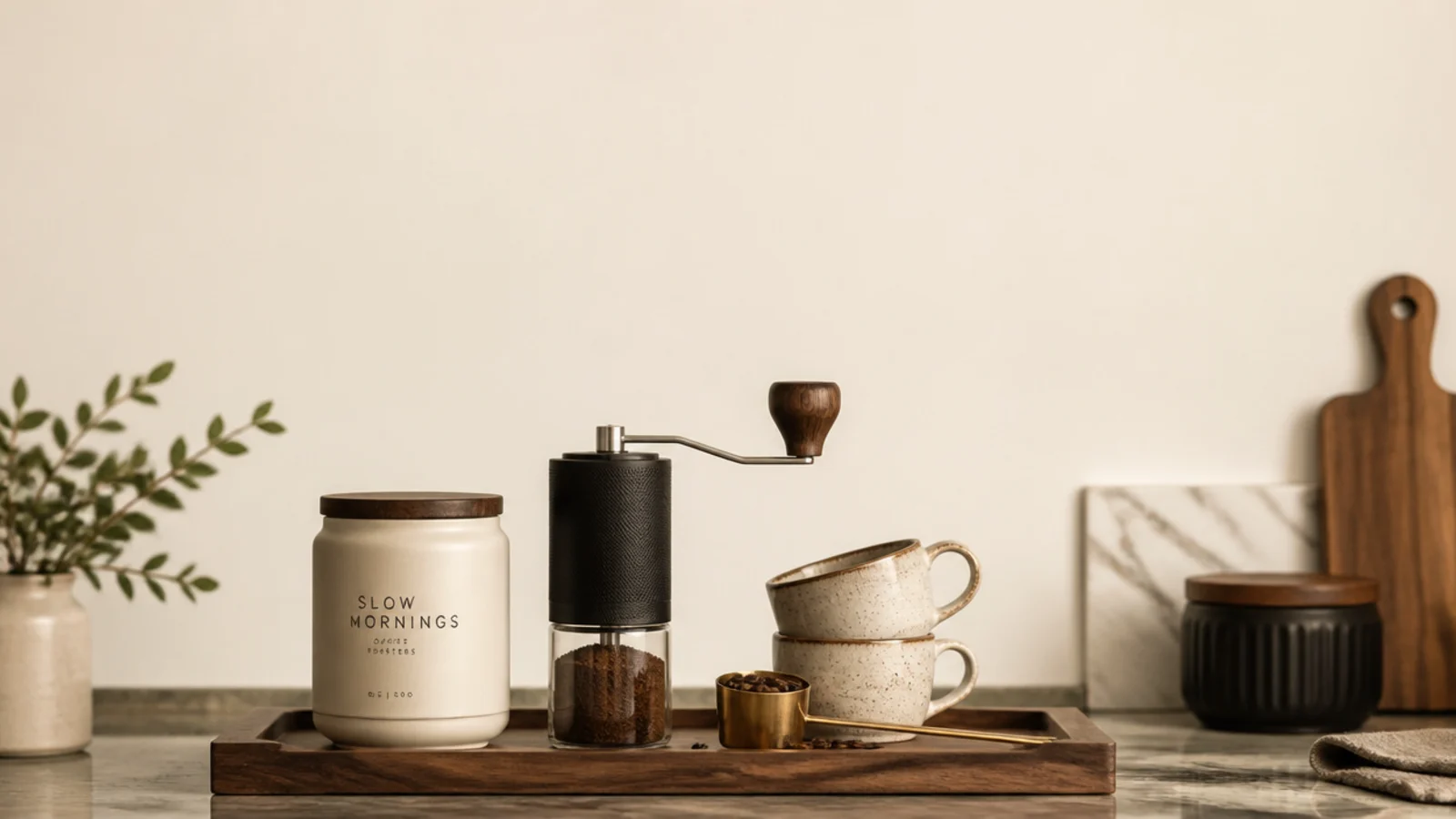vertical buying guide image of coffee bar accessories on a warm counter