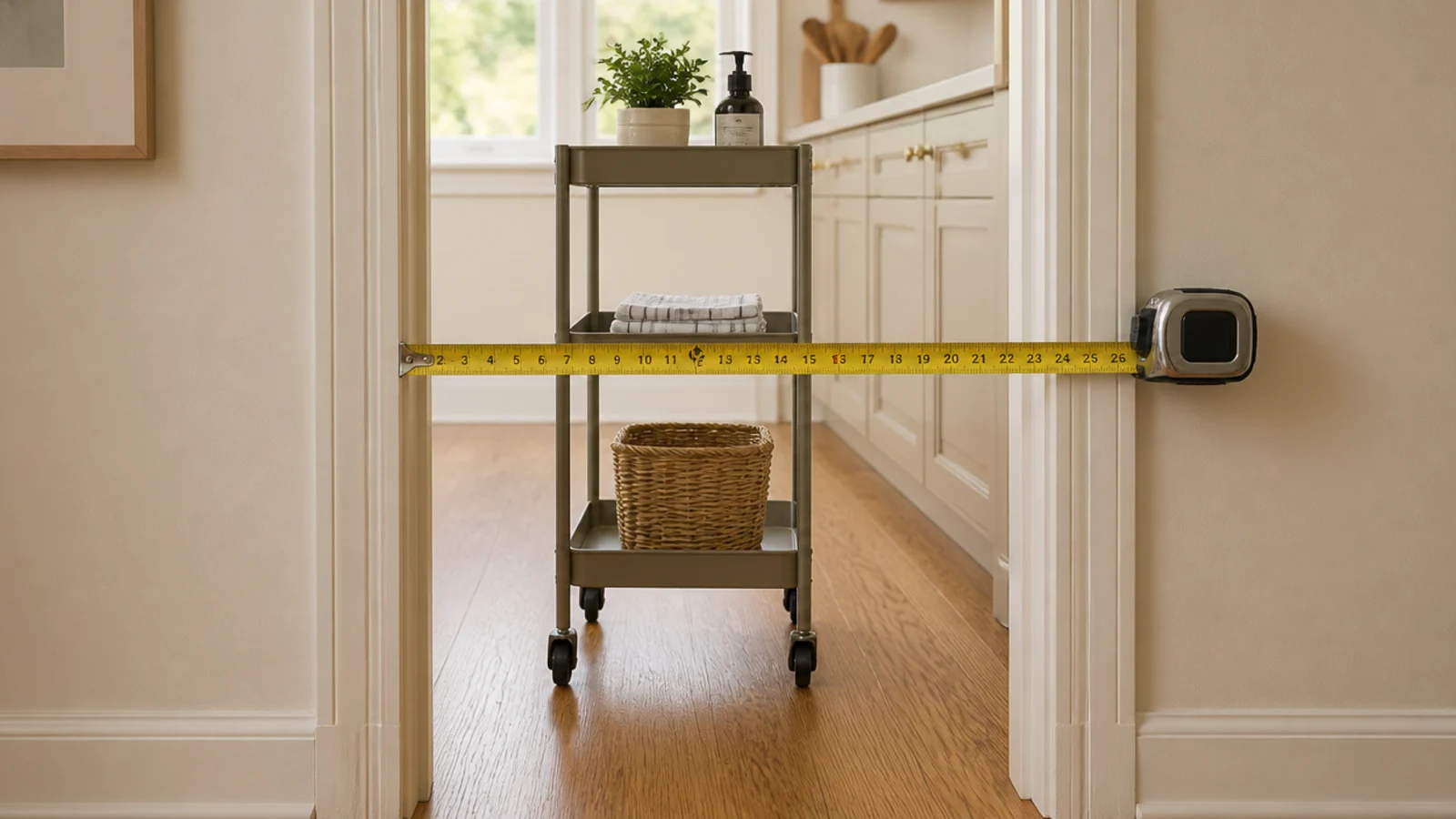 tape measure held across a rolling cart beside a narrow kitchen doorway
