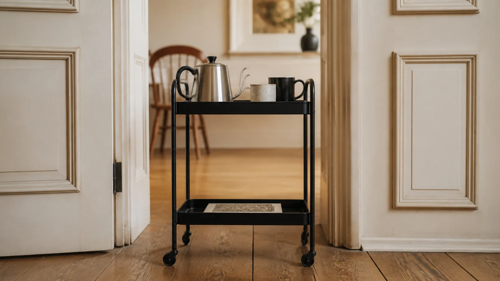 slim rolling coffee cart being wheeled through a standard interior doorway