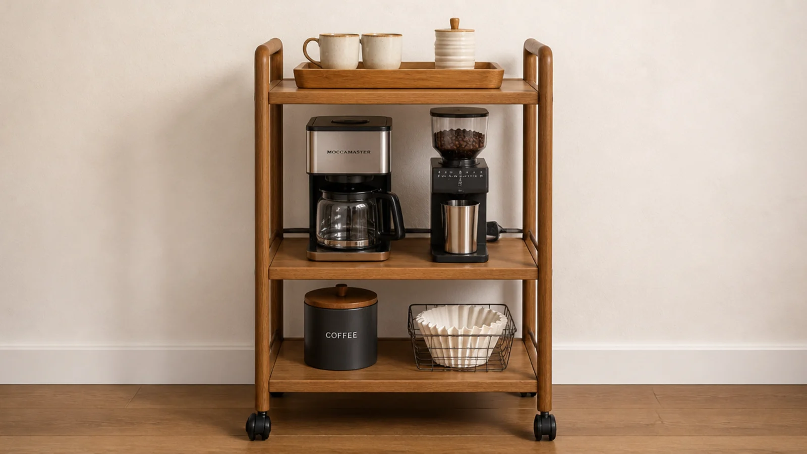 three tier coffee cart with each shelf holding a distinct group of items
