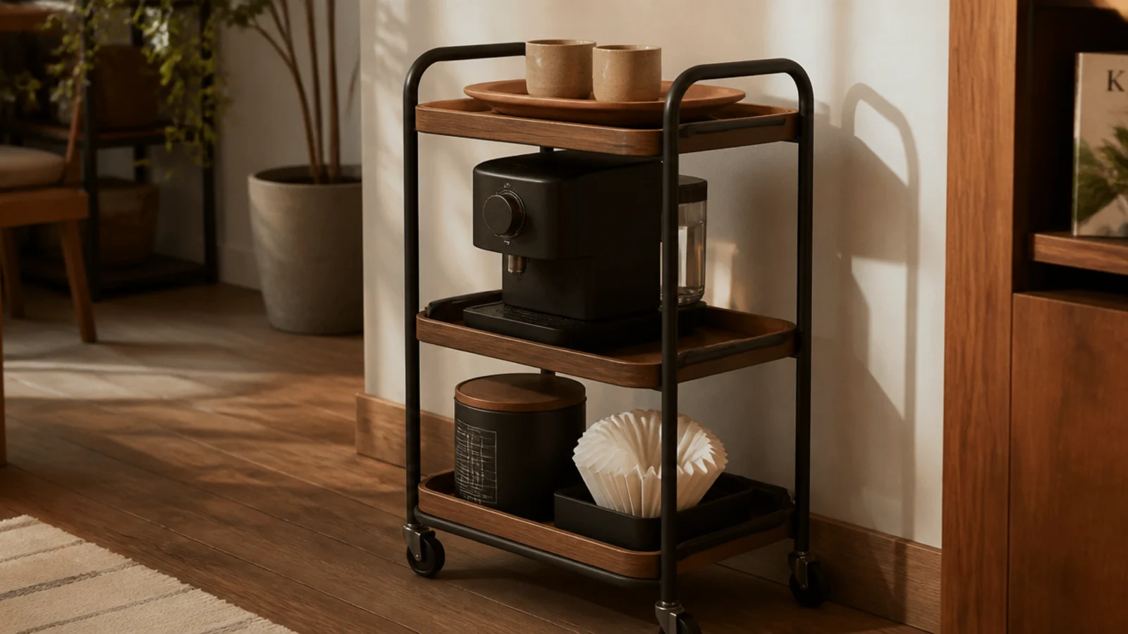 coffee cart tiers labelled by use with cups machine and stock separated