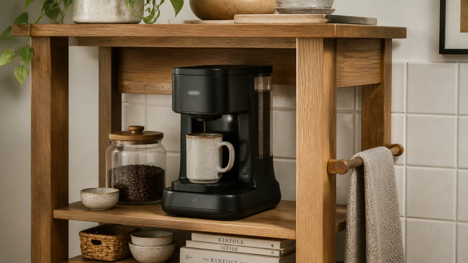 drip coffee machine sitting at counter height on a cart middle shelf