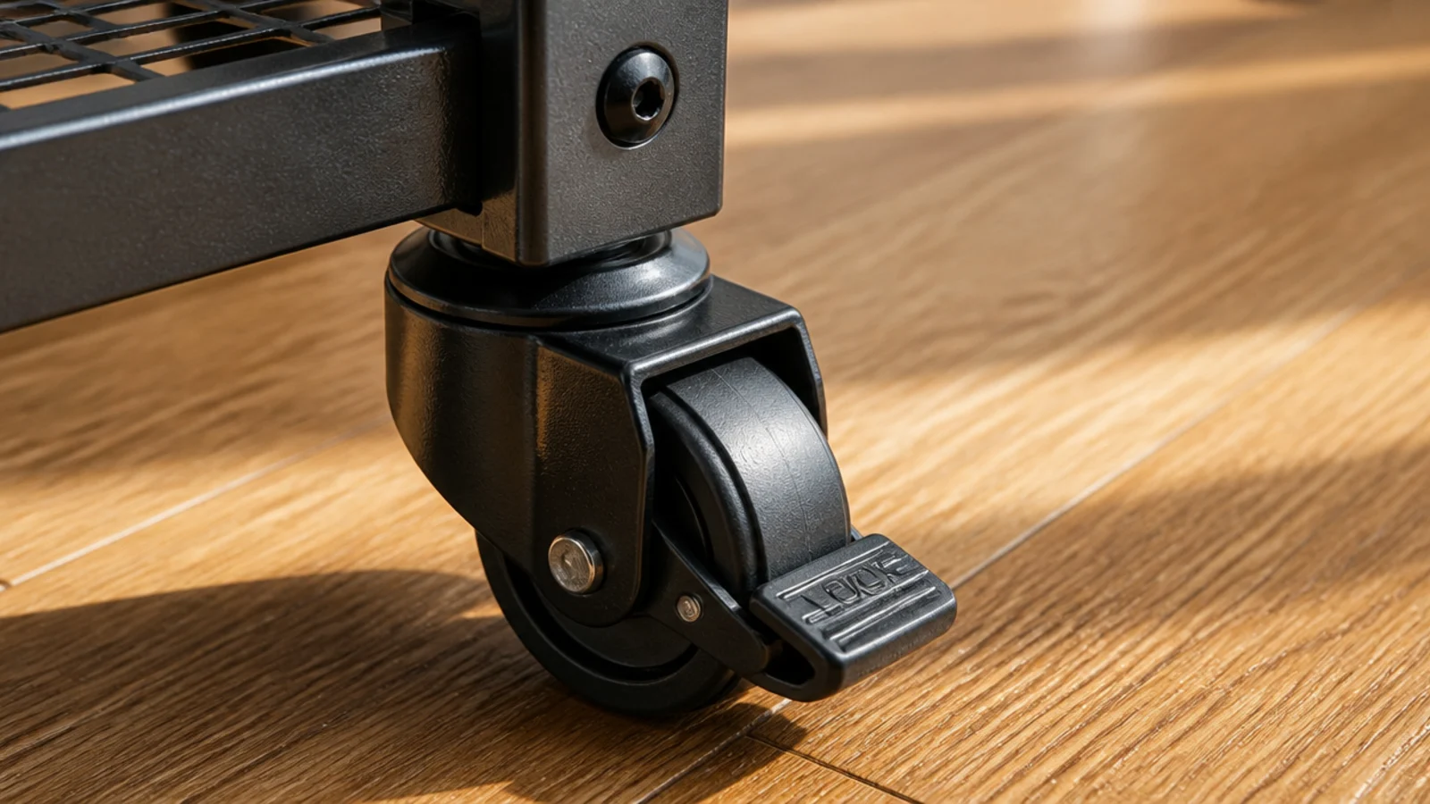locking caster wheel on a coffee cart with the brake lever pressed down