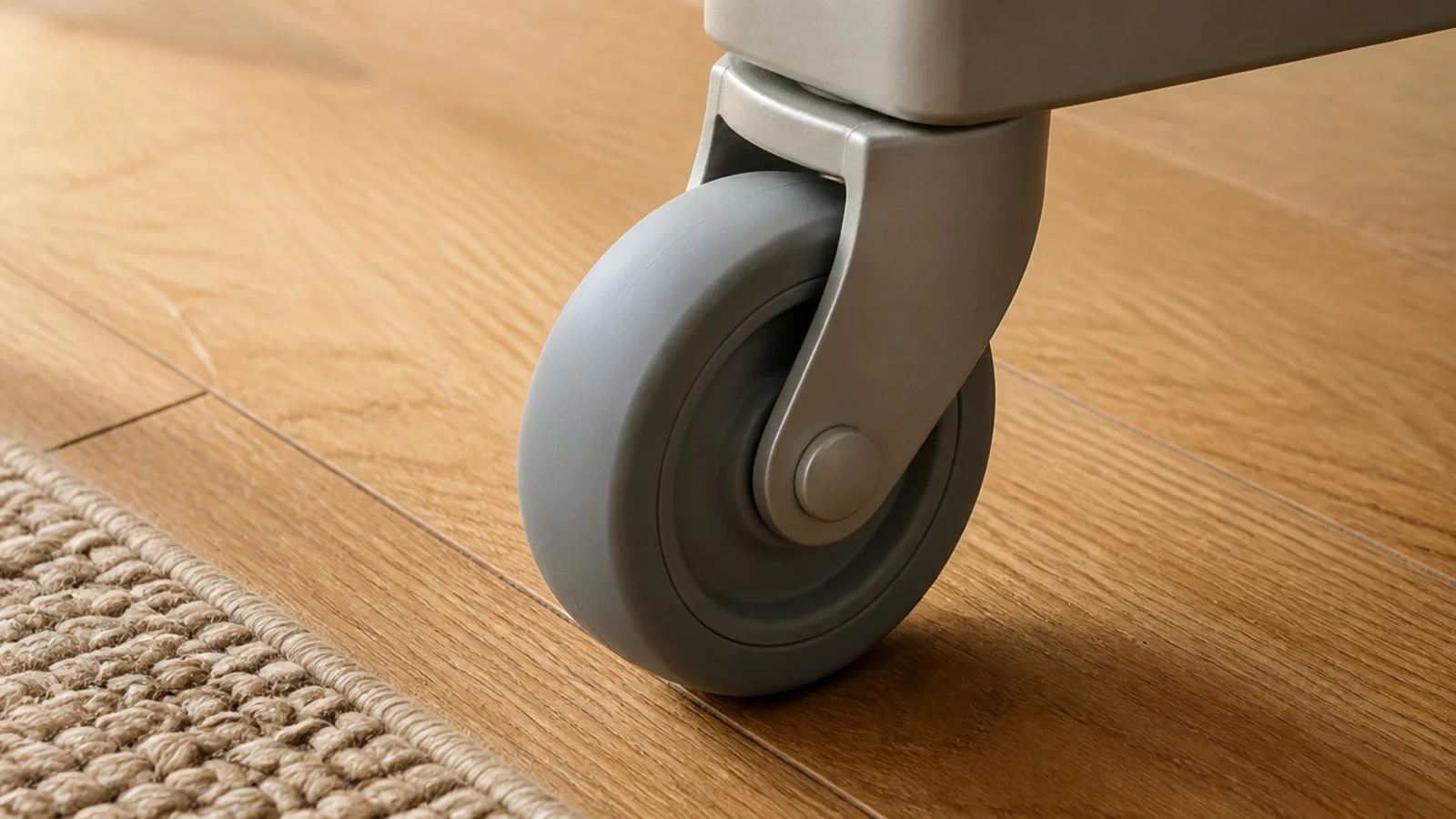 soft rubber cart wheel resting on an oak floor without marking it