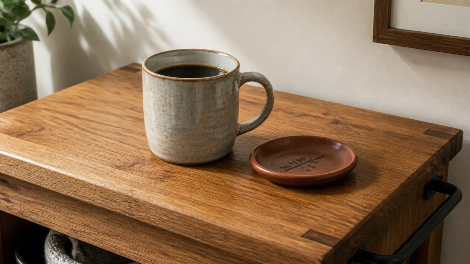 solid oak cart top surface holding a filled mug without wobbling