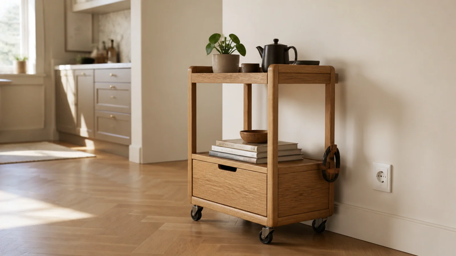 coffee cart parked beside a wall outlet with a short coiled cable