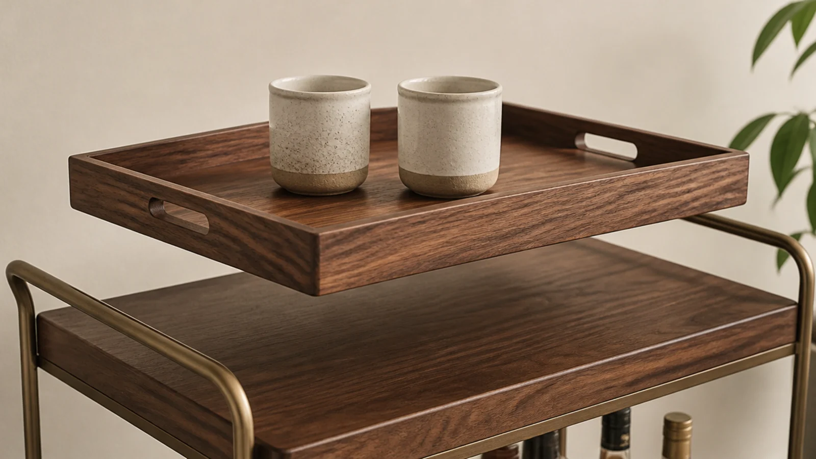 wooden tray lifted clear of a coffee cart revealing the shelf beneath