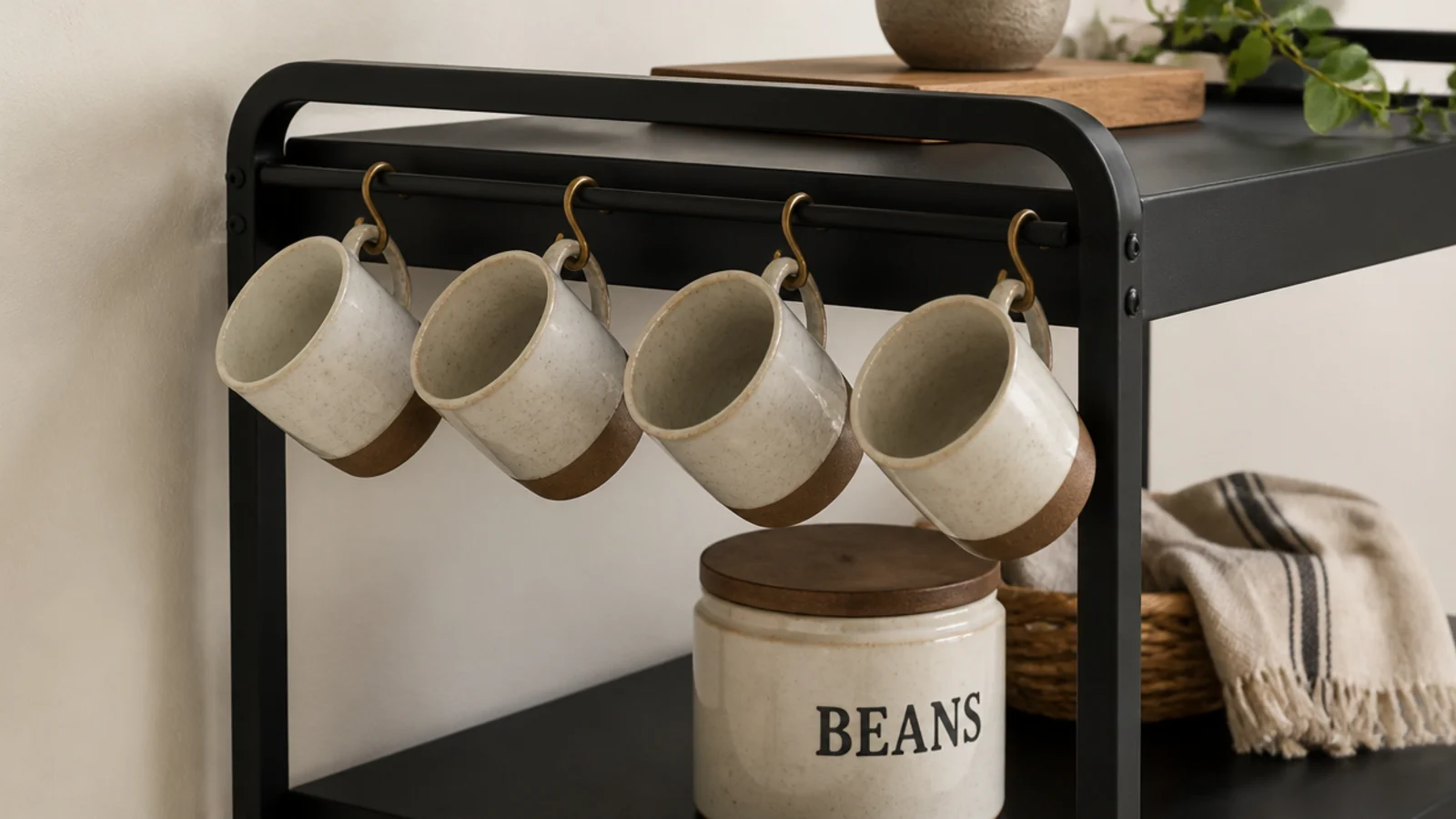 stoneware mugs hanging from s hooks along the top rail of a cart