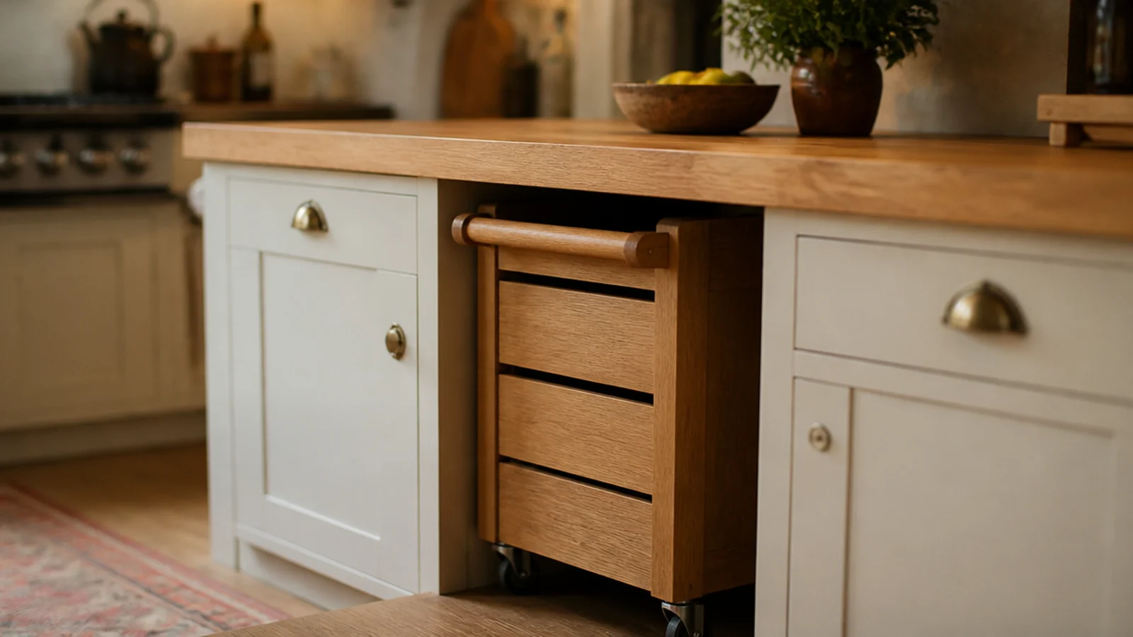 low rolling coffee cart tucked beneath a kitchen counter overhang