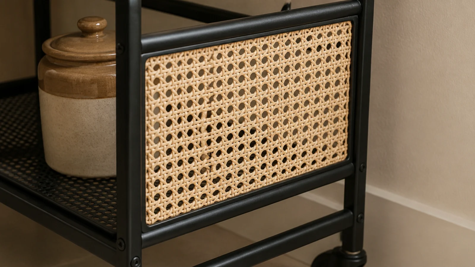 cane webbing panel fitted into the side of a metal coffee cart