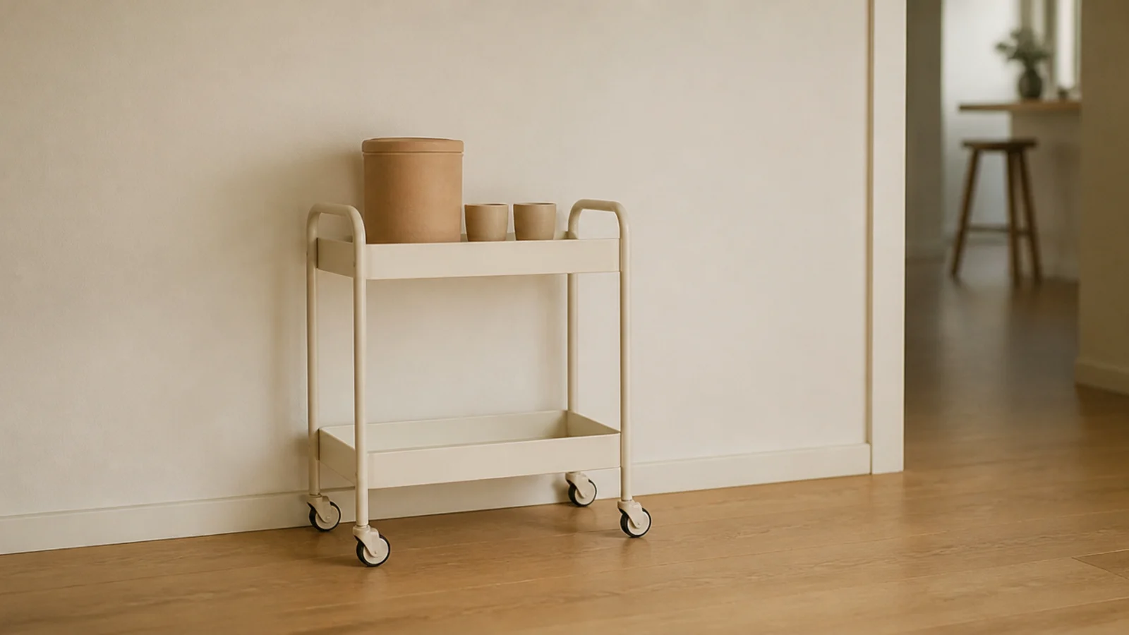 cream painted flat pack cart blending into a matching kitchen wall