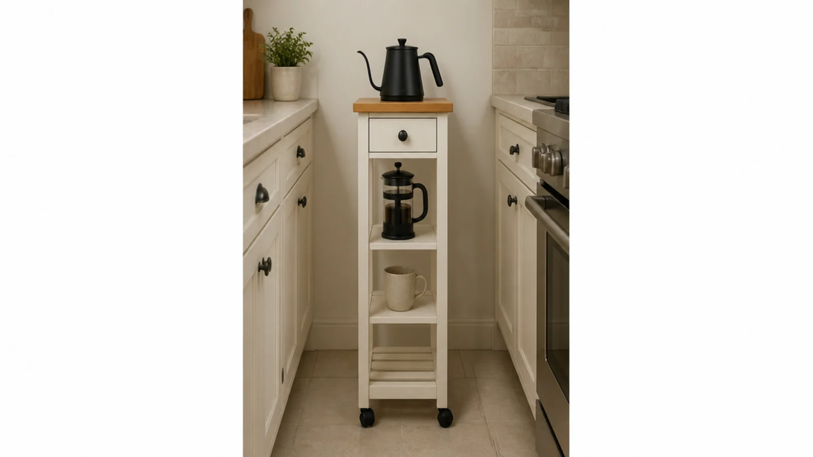 very narrow fourteen inch rolling cart in a tight galley kitchen run
