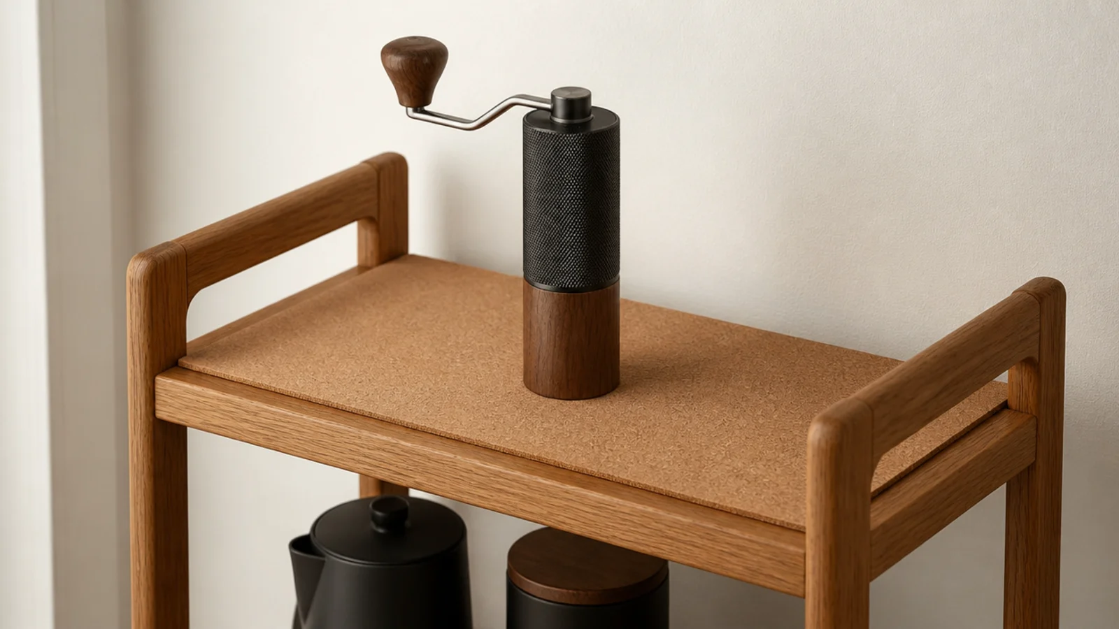 thin cork liner cut to fit a coffee cart shelf under a grinder