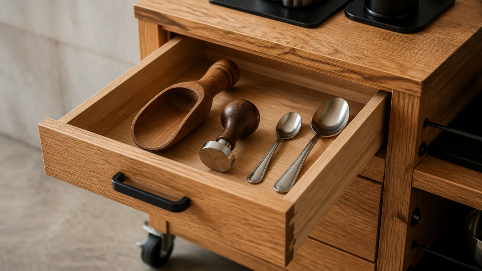 shallow cart drawer open showing a scoop tamper and spoons inside
