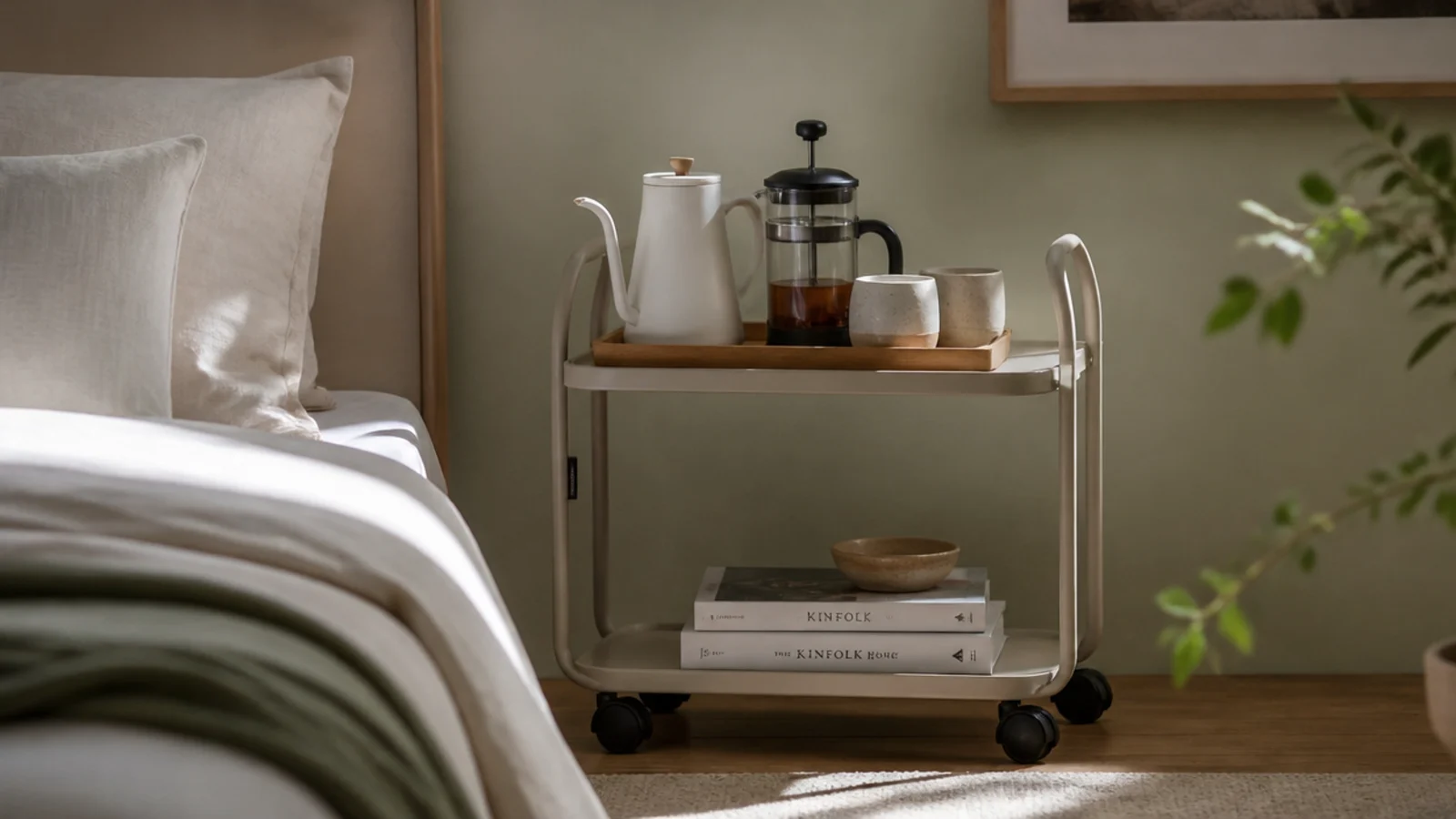 small rolling cart beside a bed holding a kettle and two cups