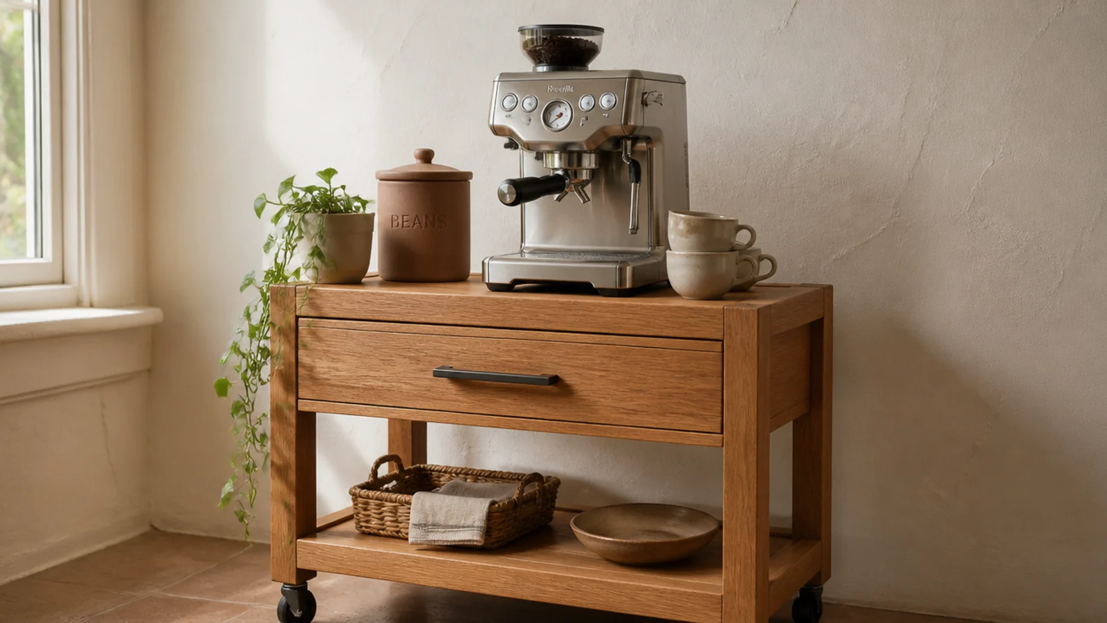 coffee cart styled with a plant a canister and a stack of two cups